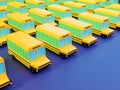 3d render many school bus on blue background in neon colors. Back to school concept