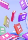 3d render. Many stacked books falling blue background