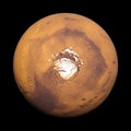 3d render, Mars in natural colors with the Red Planet`s north polar ice cap, isolated on black background elements of this image