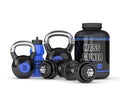 3d render of mass gainer with dumbbells and kettlebells