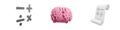 3d render mathmetical operations, brain, paper roll icon set on white background. 3d rendering mathmetical operations