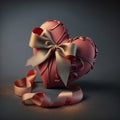 3D Render, Matte Red Heart Shape Wrapped With Bronze Bow Silk Royalty Free Stock Photo