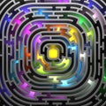 3D render maze with multi-colored illumination, top view