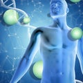 3d render of a medical background with male over virus cells and DNA strand Royalty Free Stock Photo