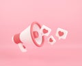 3d render megaphone with love message on valentine\'s day. happy valentine red heart icon. romantic loudspeaker. 3d rendering