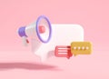 3d render megaphone speaker with bullhorn message. loudspeaker promotion marketing concept. isolated pink background. social media Royalty Free Stock Photo