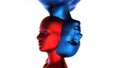 3d render. Merger of a male blue head and a red female head on a white background.