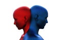 3d render. Merger of a male blue head and a red female head on a white background.