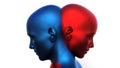 3d render. Merger of a male blue head and a red female head on a white background.