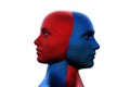 3d render. Merger of a male blue head and a red female head on a white background.