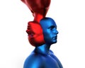 3d render. Merger of a male blue head and a red female head on a white background.