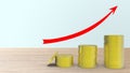 3D render metal gold coin yellow on wood table blue background stack step up graph with red arrow, Risk management business Royalty Free Stock Photo