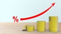 3D render metal gold coin yellow on wood table stack step up graph with red arrow and percent icon, Risk management business