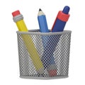 3D render. Metal pencil holder with pencils and ballpoint pen. Plastic 3D render for business, school, marketing, web