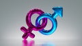 3d render. Metallic male and female gender symbols linked together, heterosexual couple clip art isolated on silver background.