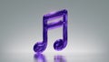 3d render. Metallic musical notes sound symbol, audio clip art isolated on silver background. Violet shiny glass icon