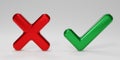 3D render metallic red and green color Checkmark and X mark icon set on black background. Checkmark right symbol, tick sign. check