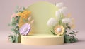 3d render of minimal display podium with flowers and plants in pastel colors Royalty Free Stock Photo