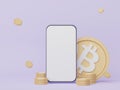 3d render Minimal mini mobile phone or smartphone for work with white copy space and cryptocurrency bitcoin for mock up and web
