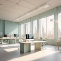 A 3D render of a minimalist, modern open-plan office space featuring abstract geometric sculptures in pastel colors Royalty Free Stock Photo
