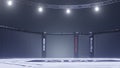 Mma arena side view. Empty fight cage under lights. 3D rendering