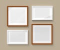 3D Render mockup of four horizontal and square wooden and white plastic empty frame with paper border inside and gray space on