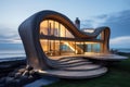 3d render of modern architecture on the seashore at sunset, AI Generated Royalty Free Stock Photo