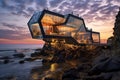 3d render of modern building on the seashore at sunset, A creatively designed house by the seaside!, AI Generated Royalty Free Stock Photo