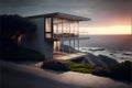 3d render of modern house exterior with sea view and sunset. Royalty Free Stock Photo