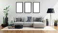 3d render of modern interior with three rectangular photo frame mockups above sofa