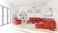 3d render of a modern loft with a large red couch - wireframe
