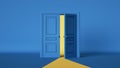 3d render, Modern minimal background with half open blue doors and yellow light. Abstract interior scene