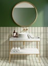 3d render of a modern minimal green bathroom with white wash basin Royalty Free Stock Photo