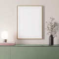 3d render of a modern mockup interior with wooden frame on an empty wall, a green sideboard Royalty Free Stock Photo