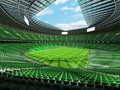 3D render of modern round rugby stadium with green seats and VIP boxes