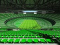 3D render of modern round rugby stadium with green seats and VIP boxes