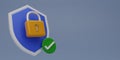 3D render Modern Shield with padlock and check mark icon on blue background. Copy space. Security shield symbols. Security shields