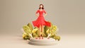 3D Render, Modern Young Girl Character Standing On Stage And Copy Space. Happy Women`s Day