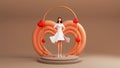 3D Render, Modern Young Girl Character Standing On Stage And Heart Shapes. Happy Women`s Day