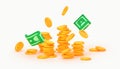 3d render money pile, gold coins stack, banknotes