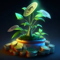 3d render of money plant growing in pot with coins on dark background AI Generated Royalty Free Stock Photo