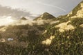 3d render mountainside with forest, fog and glass domes