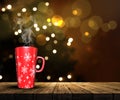 3D mug on a wooden table looking out to a defocussed Christmas t Royalty Free Stock Photo