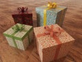 3D render of a multicolor wrapped holiday presents with ribbons