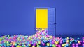 3D render. Multicolored balloons and balls fall outside the open blue door. A bright yellow light shines inside the room. Party