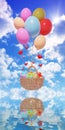 3d render. multicolored balloons carry a basket with gifts, Design template