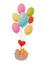 3d render. multicolored balloons carry a basket with gifts, isolated white