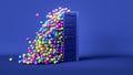 3D render. Multicolored balls fall outside the open blue door. Party wallpaper. Surprise concept Royalty Free Stock Photo