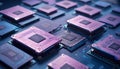 3D render of multiple computer chips with glowing circuitry on a blue motherboard