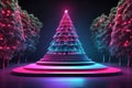 3d render neon abstract background, christmas tree on the podium, neon lights